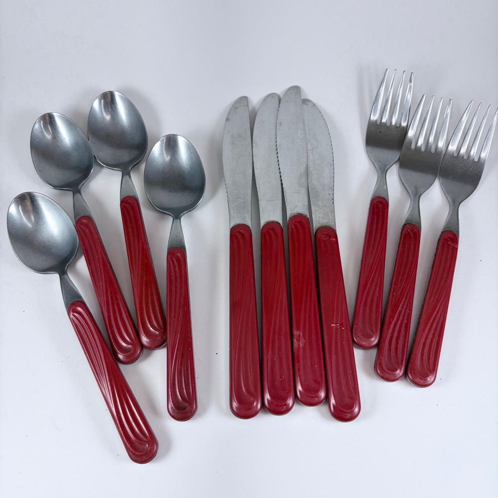 1970s Red Wave Handle Flatware 11pc Stainless Steel Korea replacement pieces